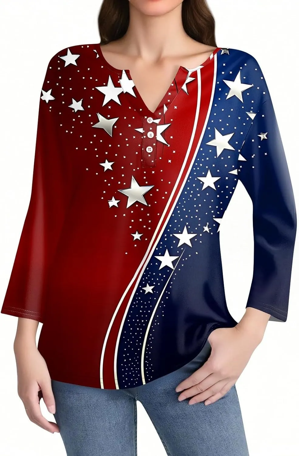 3/4 Length Sleeve Womens Tops Henley V Neck Summer Shirts Casual Elbow Length Button Down Shirt Floral Print Blouses