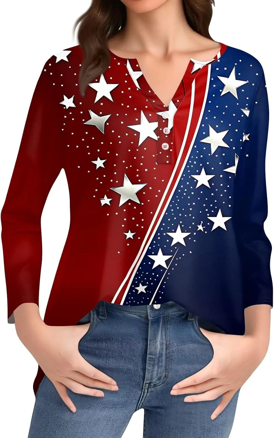 3/4 Length Sleeve Womens Tops Henley V Neck Summer Shirts Casual Elbow Length Button Down Shirt Floral Print Blouses