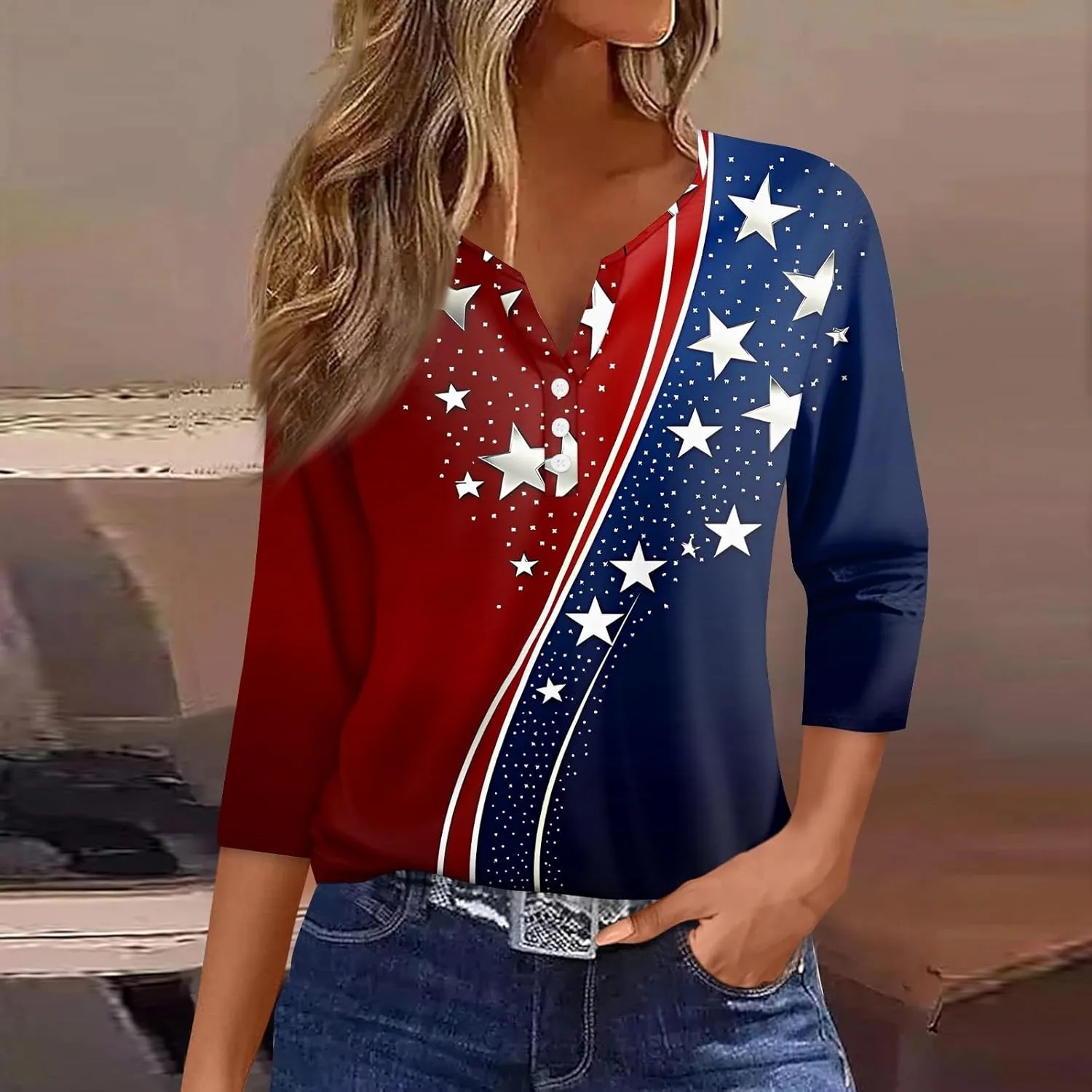 3/4 Length Sleeve Womens Tops Henley V Neck Summer Shirts Casual Elbow Length Button Down Shirt Floral Print Blouses