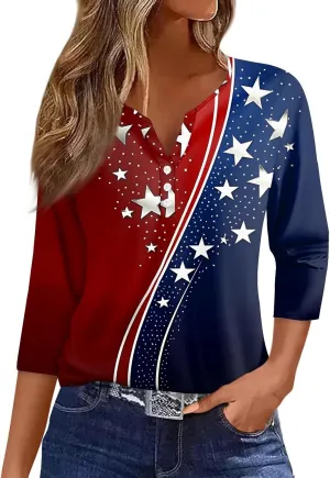 3/4 Length Sleeve Womens Tops Henley V Neck Summer Shirts Casual Elbow Length Button Down Shirt Floral Print Blouses