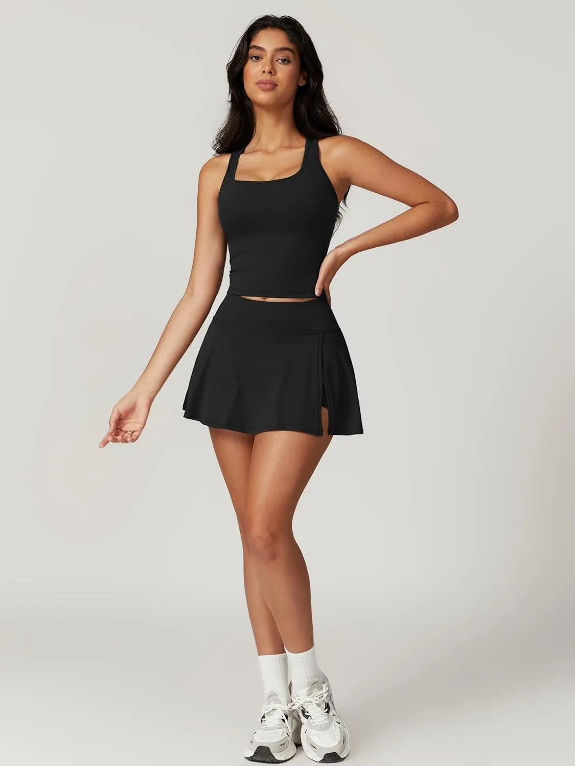 ABOCIW 2 Piece Tennis Dresses for Women Side Slit Mini Skirt Set Racerback Workout Crop Tank Top Golf Outfits
