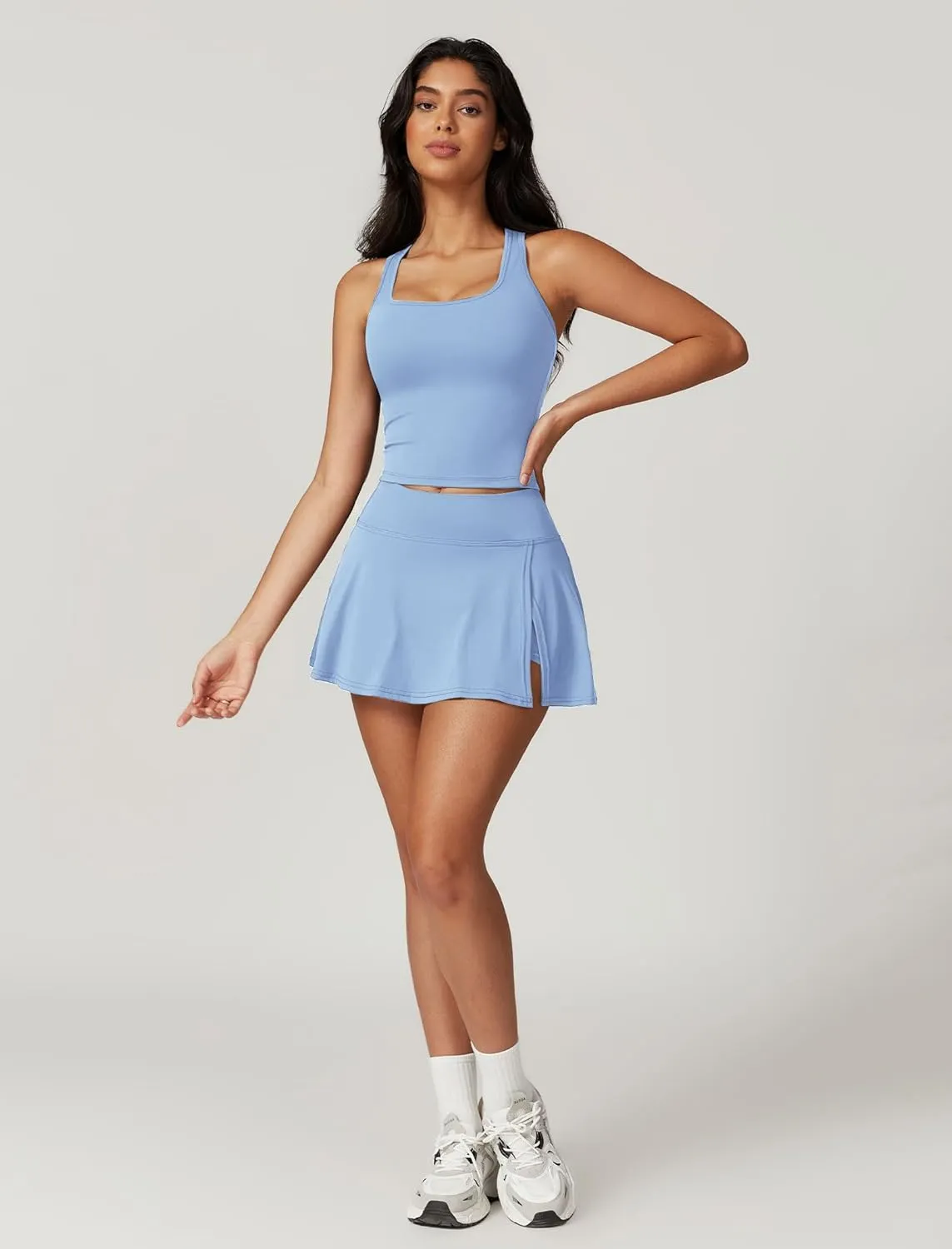 ABOCIW 2 Piece Tennis Dresses for Women Side Slit Mini Skirt Set Racerback Workout Crop Tank Top Golf Outfits