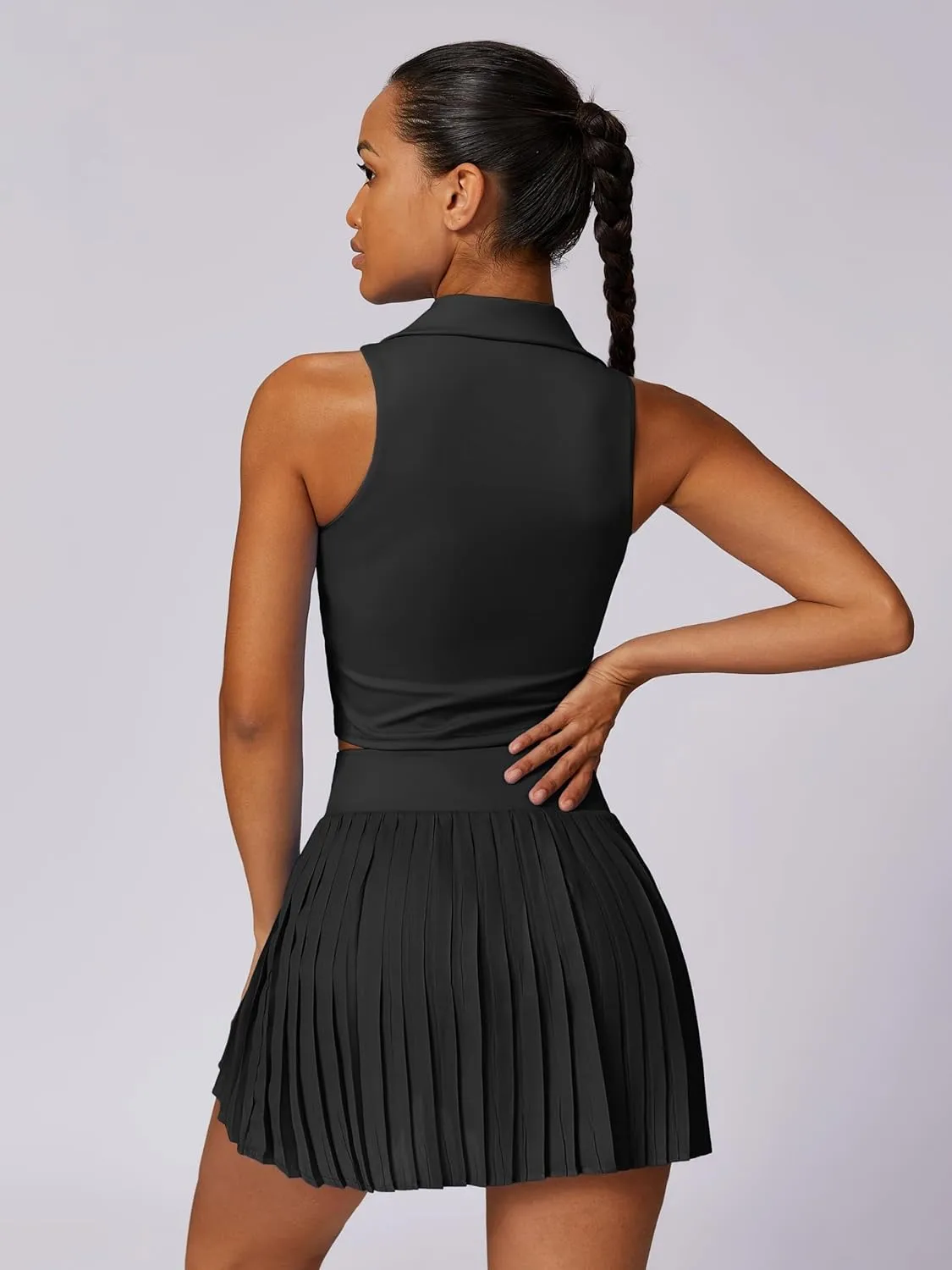 ABOCIW Two Piece Tennis Skirt Sets for Women Polo Neck Tank Top with Bra and Pleated Skort with Pockets Golf Outfits