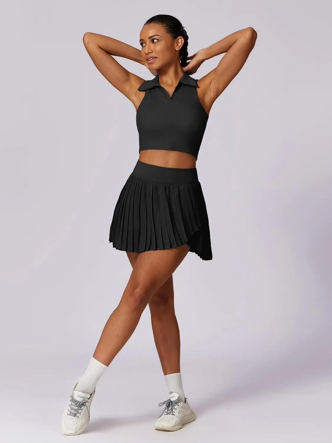 ABOCIW Two Piece Tennis Skirt Sets for Women Polo Neck Tank Top with Bra and Pleated Skort with Pockets Golf Outfits