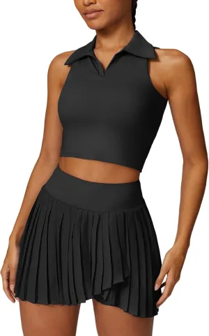 ABOCIW Two Piece Tennis Skirt Sets for Women Polo Neck Tank Top with Bra and Pleated Skort with Pockets Golf Outfits