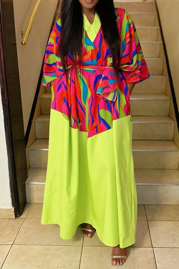 Abstract Print Patchwork Laid Back Lace-Up Maxi Dress