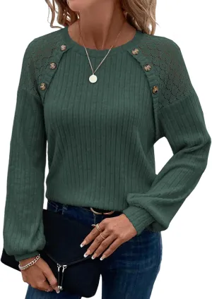 Acelitt Womens Fall Long Sleeve Tunic Tops Casual Crew Neck Dressy Shirt Lace Patchwork Blouses Pullover Sweaters