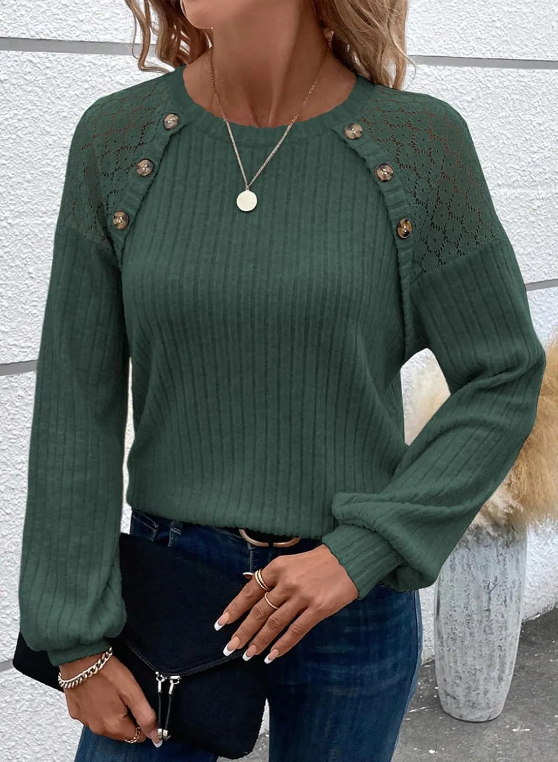 Acelitt Womens Fall Long Sleeve Tunic Tops Casual Crew Neck Dressy Shirt Lace Patchwork Blouses Pullover Sweaters