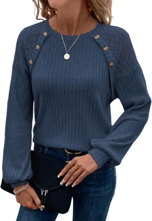 Acelitt Womens Fall Long Sleeve Tunic Tops Casual Crew Neck Dressy Shirt Lace Patchwork Blouses Pullover Sweaters