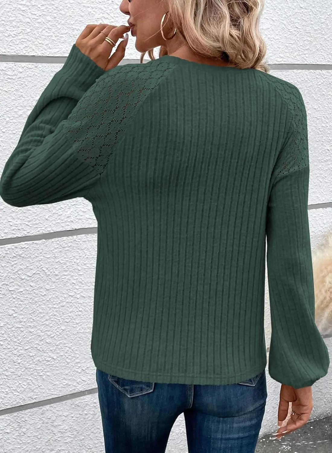 Acelitt Womens Fall Long Sleeve Tunic Tops Casual Crew Neck Dressy Shirt Lace Patchwork Blouses Pullover Sweaters