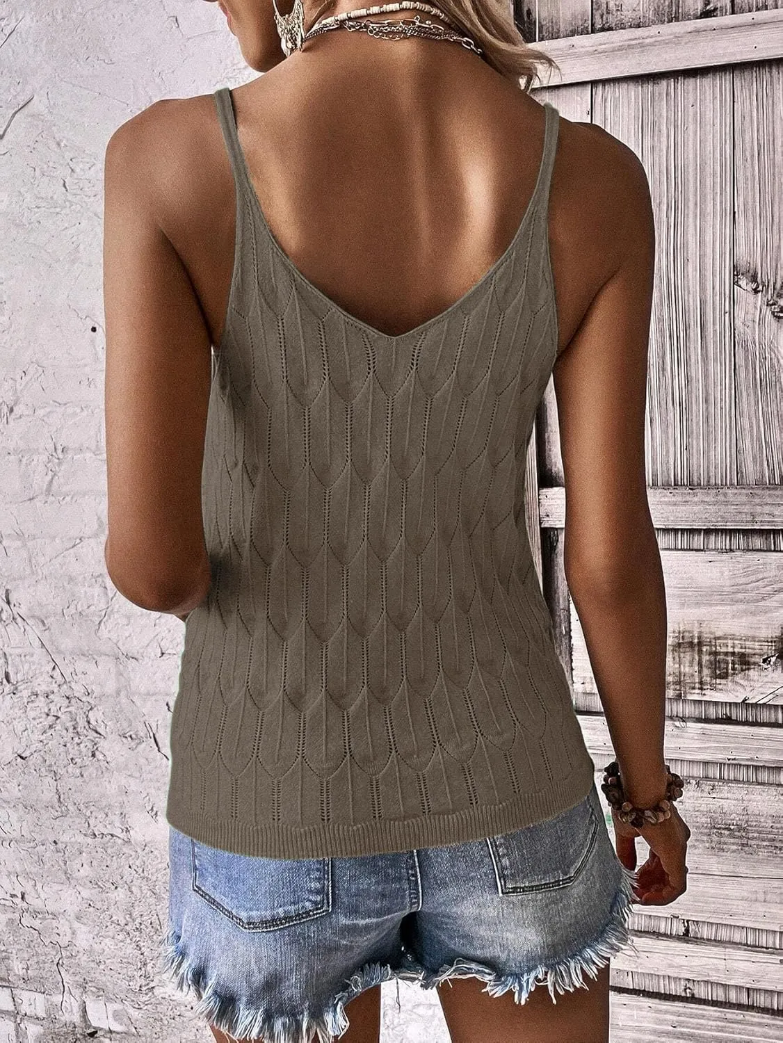Allimy Womens Pointelle Knit Top V Neck Strappy Tank Tops Summer Sleeveless Blouses Shirts Tops