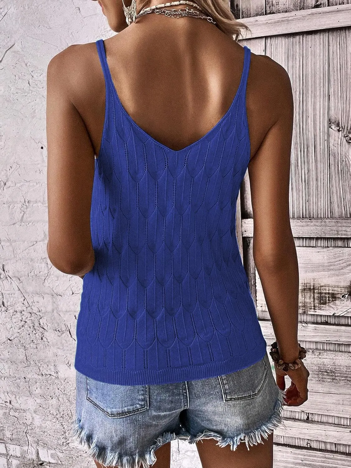 Allimy Womens Pointelle Knit Top V Neck Strappy Tank Tops Summer Sleeveless Blouses Shirts Tops