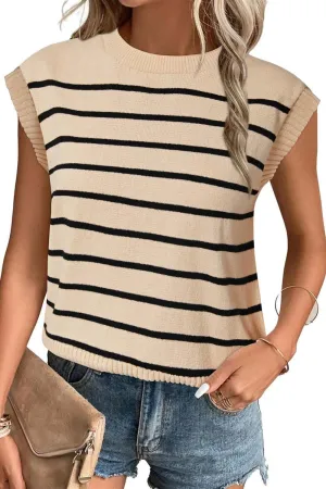 Arach&Cloz Womens Summer 2024 Sweater Vest Cap Sleeve Crew Neck Striped Fashion Casual Sleeveless Fall Tops Clothes