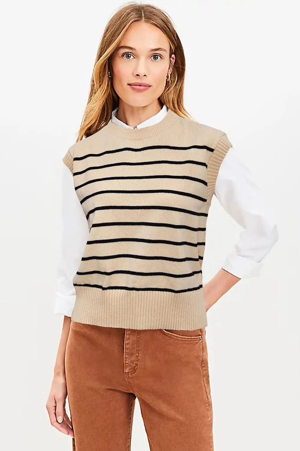 Arach&Cloz Womens Summer 2024 Sweater Vest Cap Sleeve Crew Neck Striped Fashion Casual Sleeveless Fall Tops Clothes