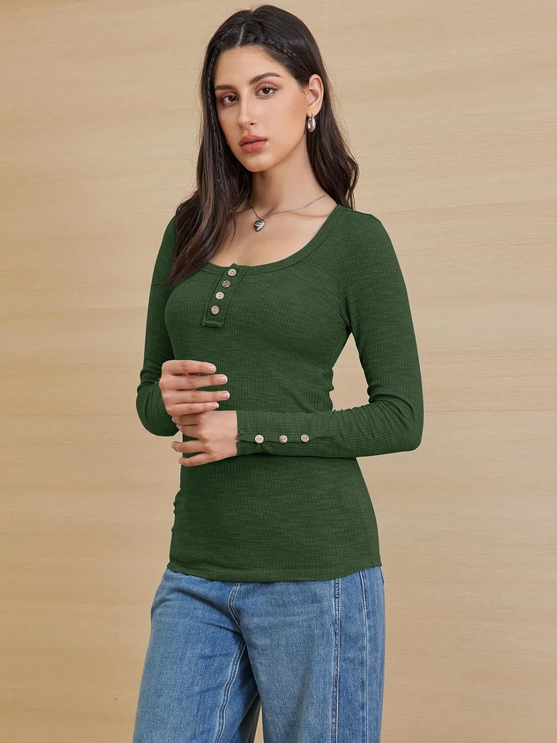 ATHMILE Women's Long Sleeve Shirts Casual Fall Henley Top Button Down Blouses Basic Ribbed Knit T Shirts 2025