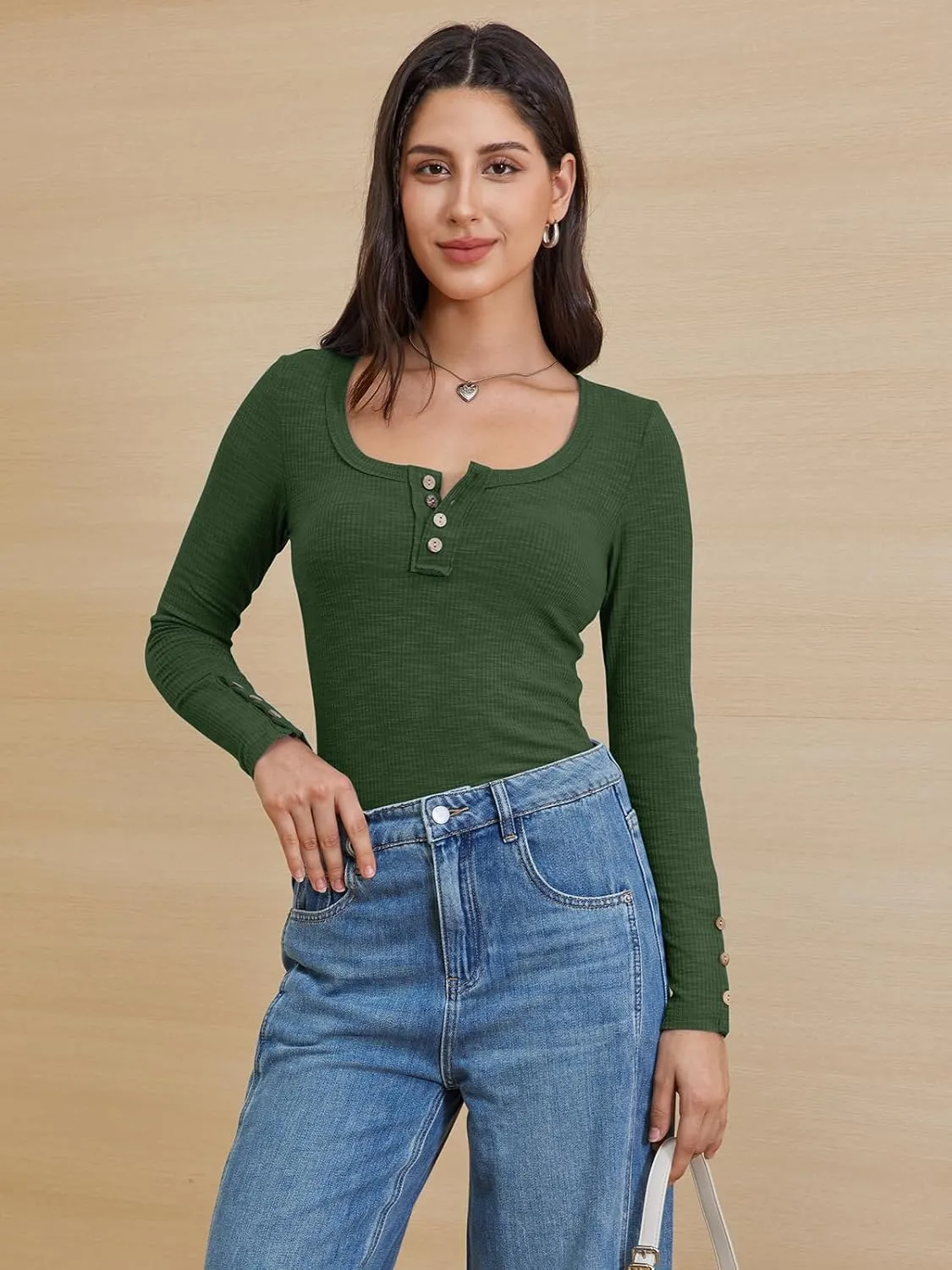 ATHMILE Women's Long Sleeve Shirts Casual Fall Henley Top Button Down Blouses Basic Ribbed Knit T Shirts 2025