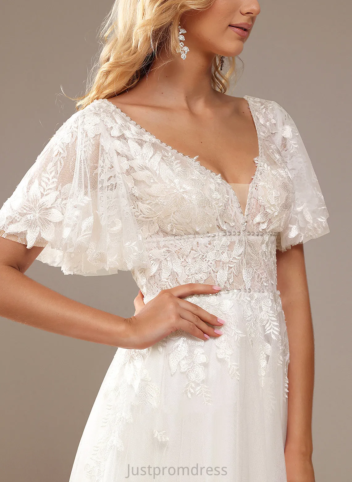 Beading Dress Wedding Tulle Wedding Dresses Lace V-neck Lace Sequins With A-Line Floor-Length Jazmine