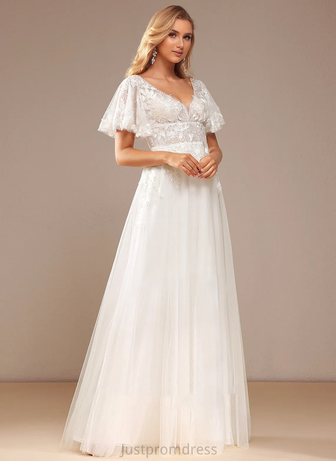 Beading Dress Wedding Tulle Wedding Dresses Lace V-neck Lace Sequins With A-Line Floor-Length Jazmine
