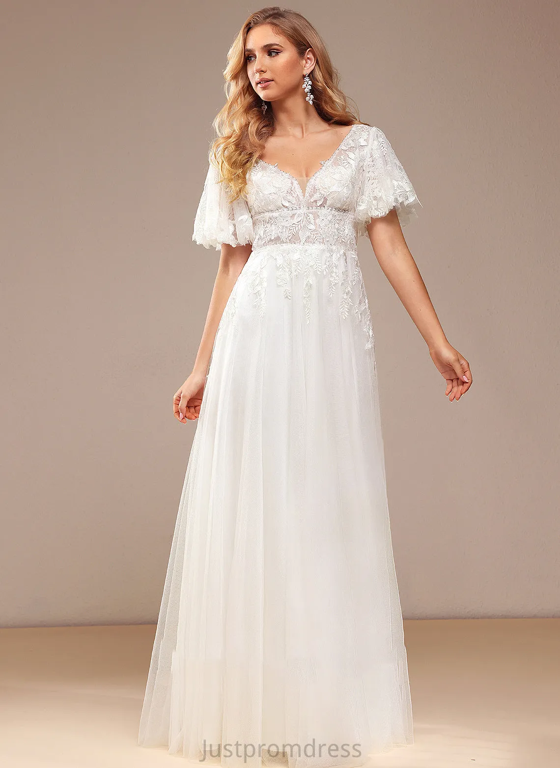 Beading Dress Wedding Tulle Wedding Dresses Lace V-neck Lace Sequins With A-Line Floor-Length Jazmine