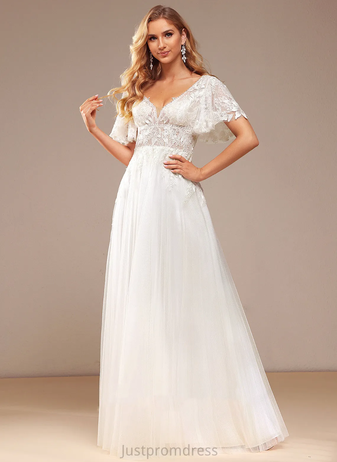 Beading Dress Wedding Tulle Wedding Dresses Lace V-neck Lace Sequins With A-Line Floor-Length Jazmine