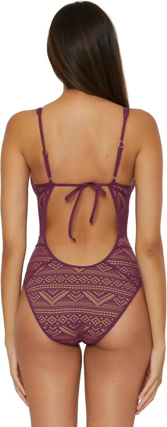 BECCA Color Play One Piece Swimsuit, Plunge Neck, Crochet, Bathing Suits for Women