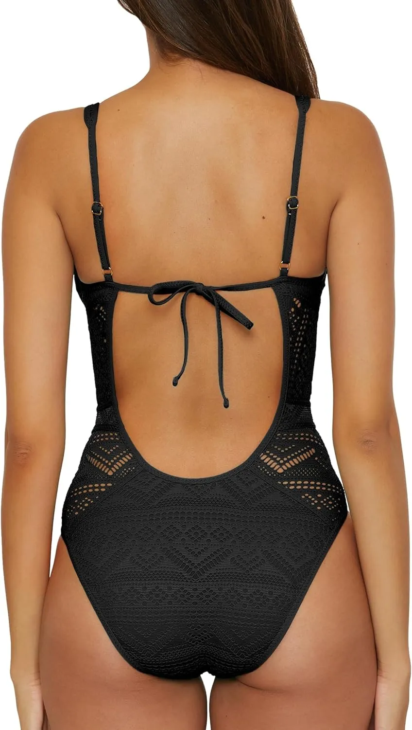 BECCA Color Play One Piece Swimsuit, Plunge Neck, Crochet, Bathing Suits for Women