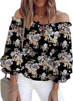 BLENCOT Summer Sexy Off Shoulder Tops for Women Boho Ruffle Sleeve Floral Chiffon Shirts Blouses