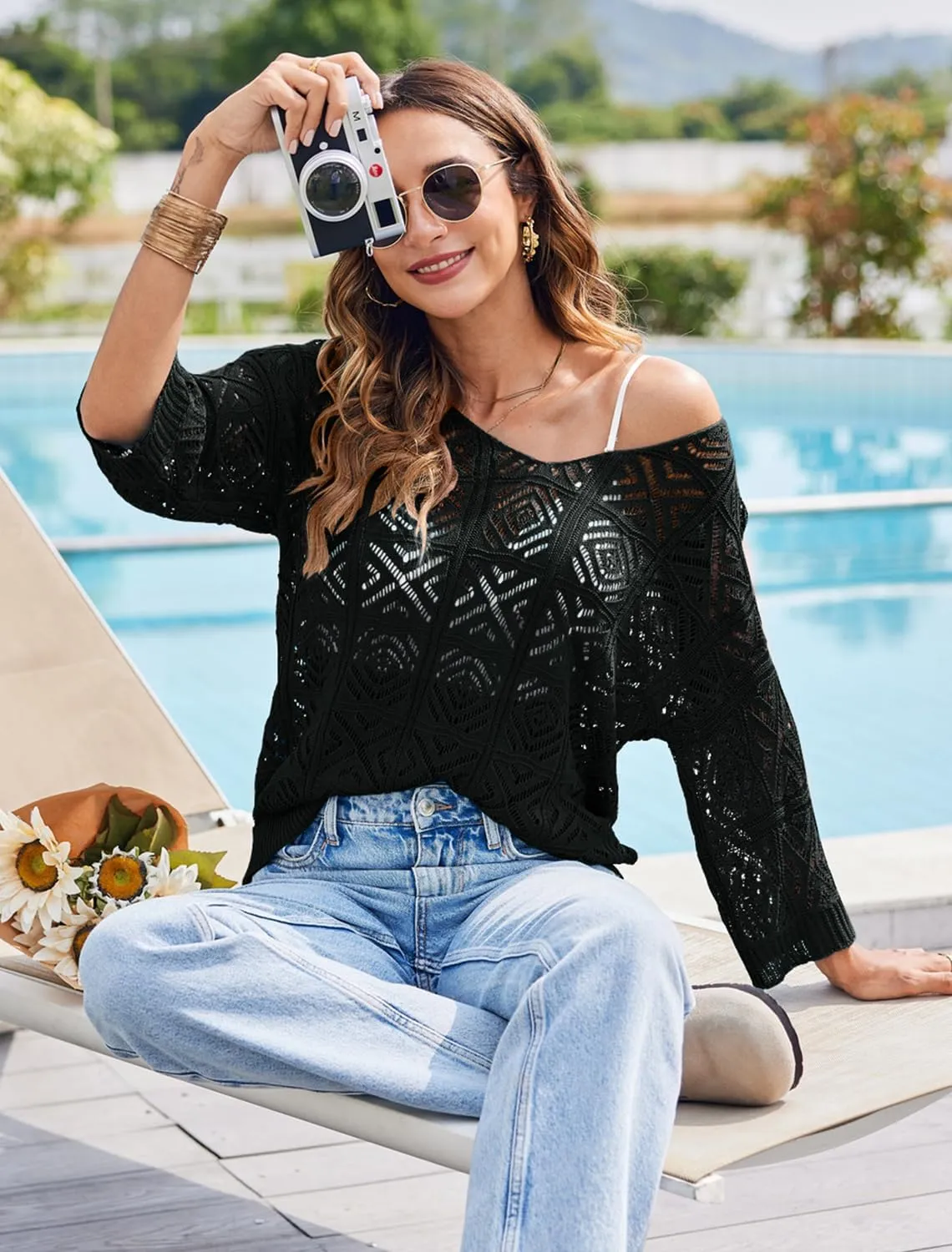 Bluetime Women Off Shoulder Tops Casual 3/4 Sleeve Hollow Out Crochet Sweaters Lightweight Oversized Knit Tops