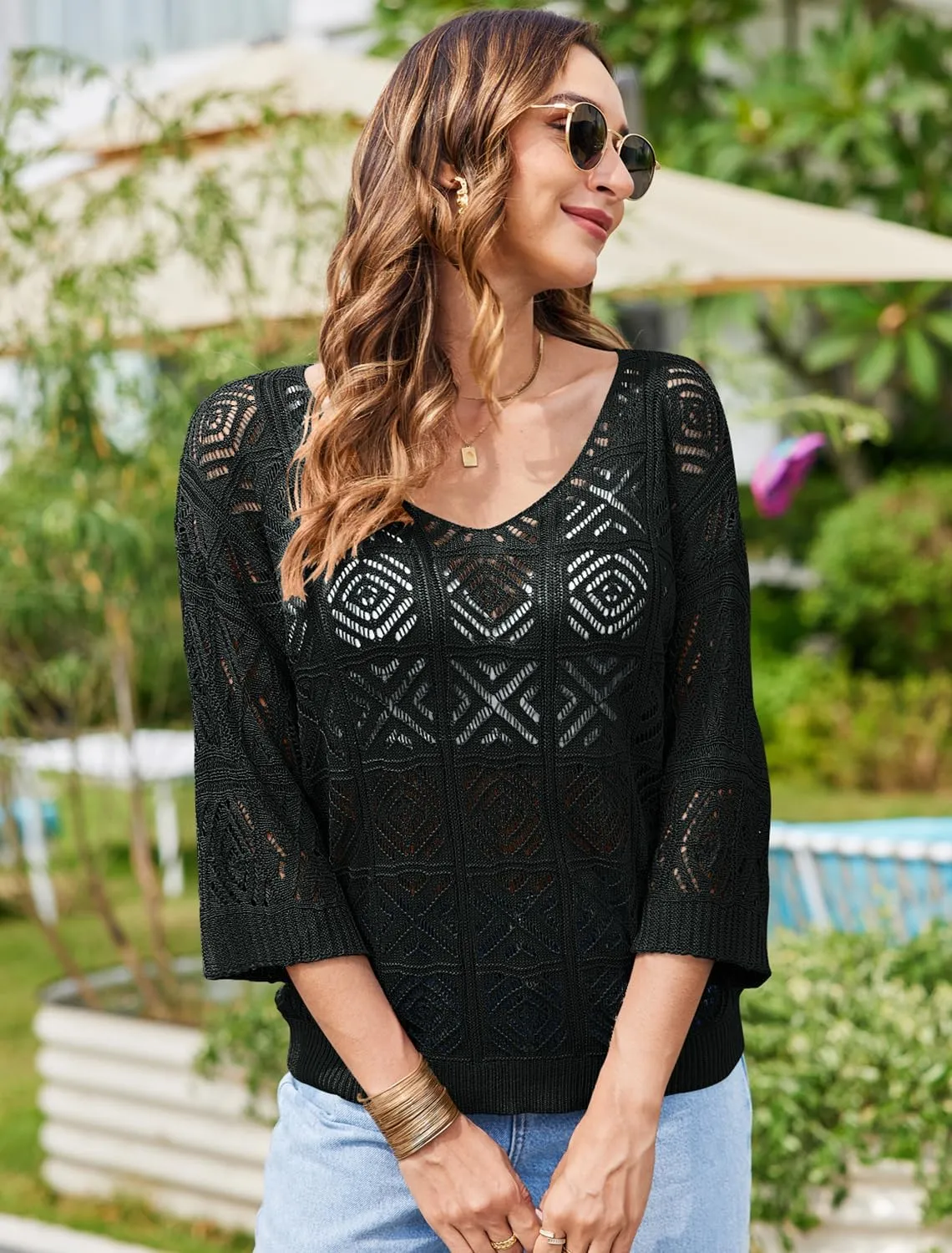 Bluetime Women Off Shoulder Tops Casual 3/4 Sleeve Hollow Out Crochet Sweaters Lightweight Oversized Knit Tops