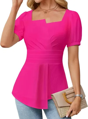 BMJL Women's Dressy Casual Blouses Business Casual Tops 2025 Summer Short Sleeve Work Shirt Smocked Back