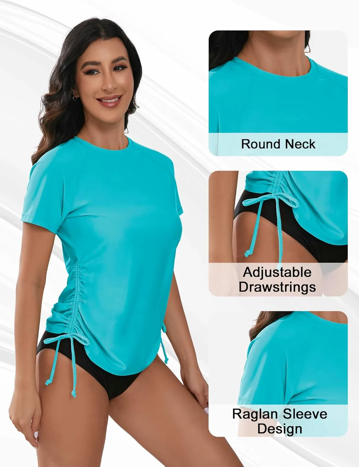 Bonneuitbebe Women's Short Sleeve Rash Guard Shirts UV Protection Swim Shirts UPF 50  Lightweight Adjustable Tie Swimwear