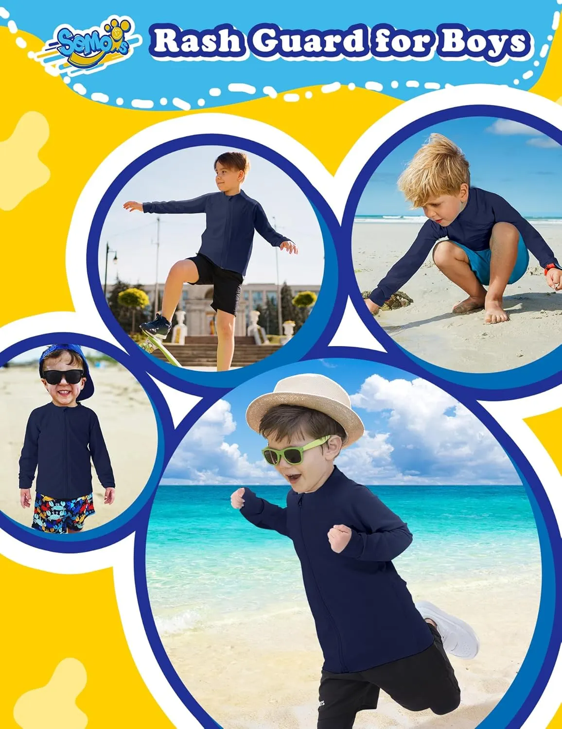 Boys UPF 50  Rash Guard Toddler Zipper Swim Shirts Long Sleeve Zip Up Sun Protection Rashguard Water Beach Shirts Quick Dry
