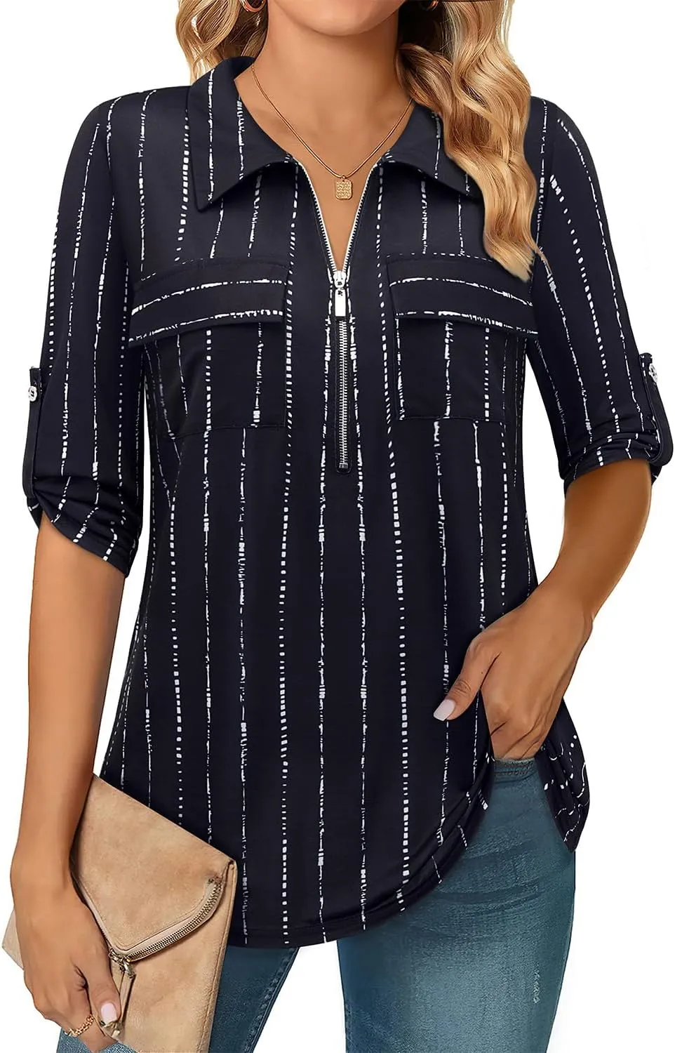 Bulotus Women's 3/4 Sleeve Collared Blouses Business Casual Zip Front V Neck Loose Fit Tunic Tops