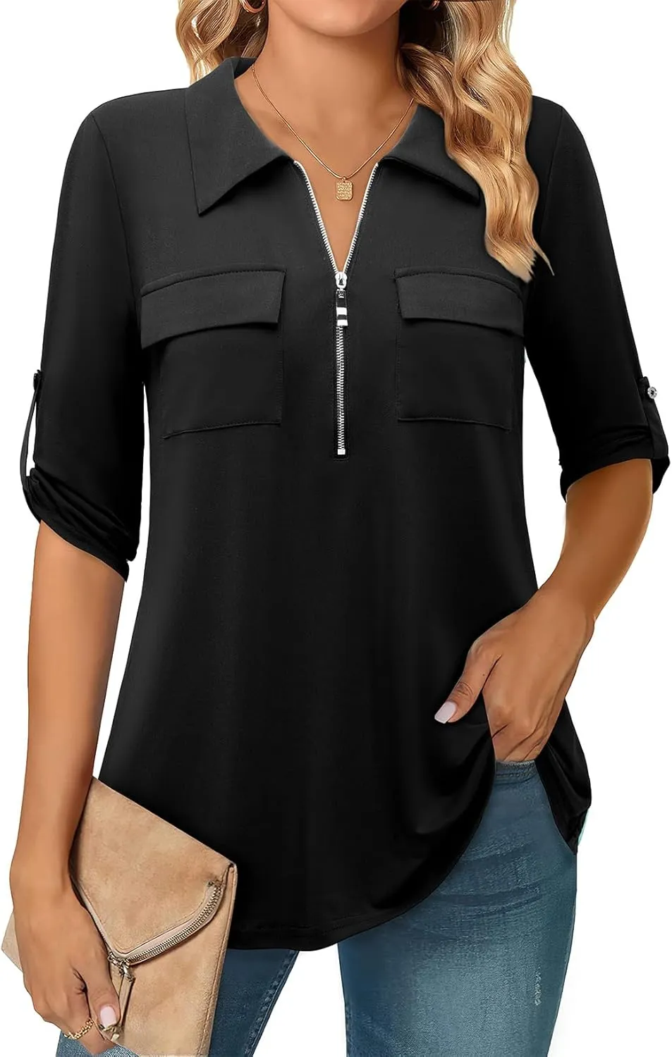 Bulotus Women's 3/4 Sleeve Collared Blouses Business Casual Zip Front V Neck Loose Fit Tunic Tops