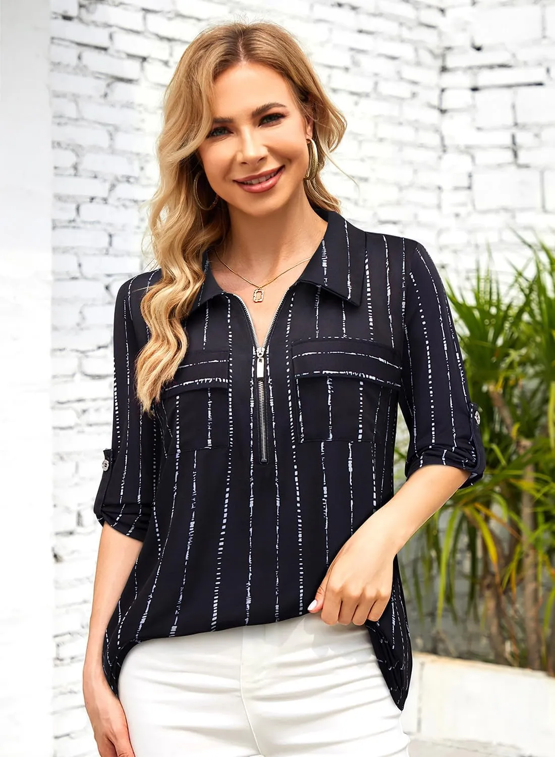 Bulotus Women's 3/4 Sleeve Collared Blouses Business Casual Zip Front V Neck Loose Fit Tunic Tops