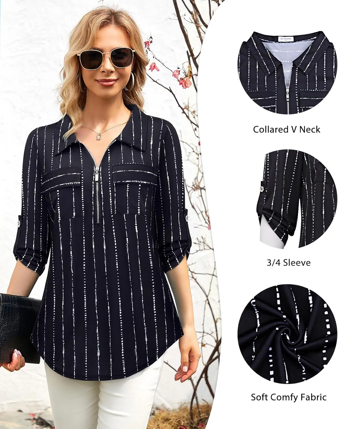 Bulotus Women's 3/4 Sleeve Collared Blouses Business Casual Zip Front V Neck Loose Fit Tunic Tops