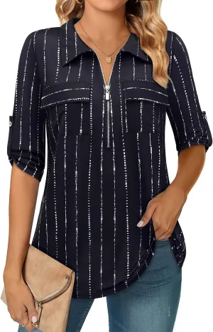 Bulotus Women's 3/4 Sleeve Collared Blouses Business Casual Zip Front V Neck Loose Fit Tunic Tops