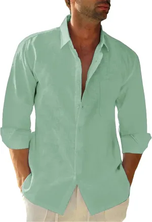 Button Down Linen Shirts for Men Casual Long Sleeve Regular Fit Cotton Beach Shirts with Pocket