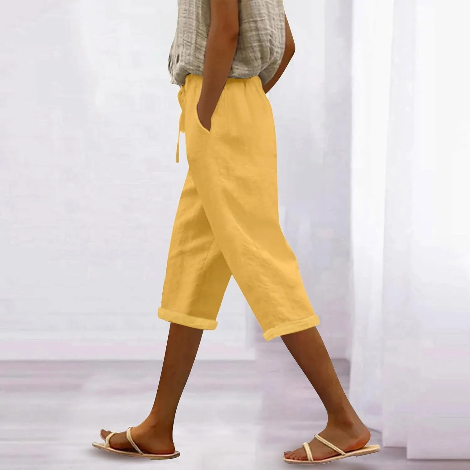 Capri Pants for Women Casual 2025 Summer Drawstring High Waist Linen Pant Baggy Wide Leg Cropped Trouser with Pockets