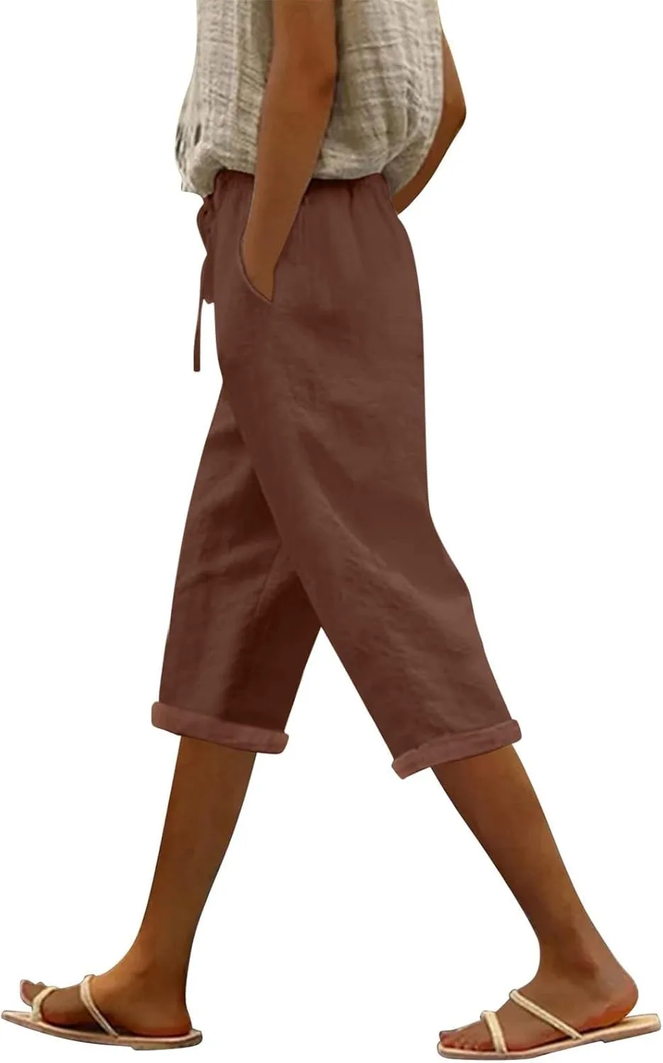 Capri Pants for Women Casual 2025 Summer Drawstring High Waist Linen Pant Baggy Wide Leg Cropped Trouser with Pockets