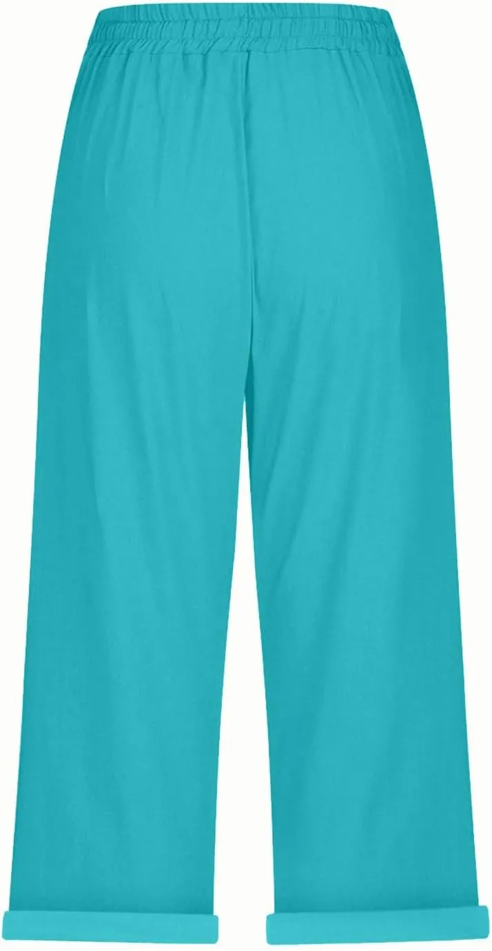 Capri Pants for Women Casual 2025 Summer Drawstring High Waist Linen Pant Baggy Wide Leg Cropped Trouser with Pockets