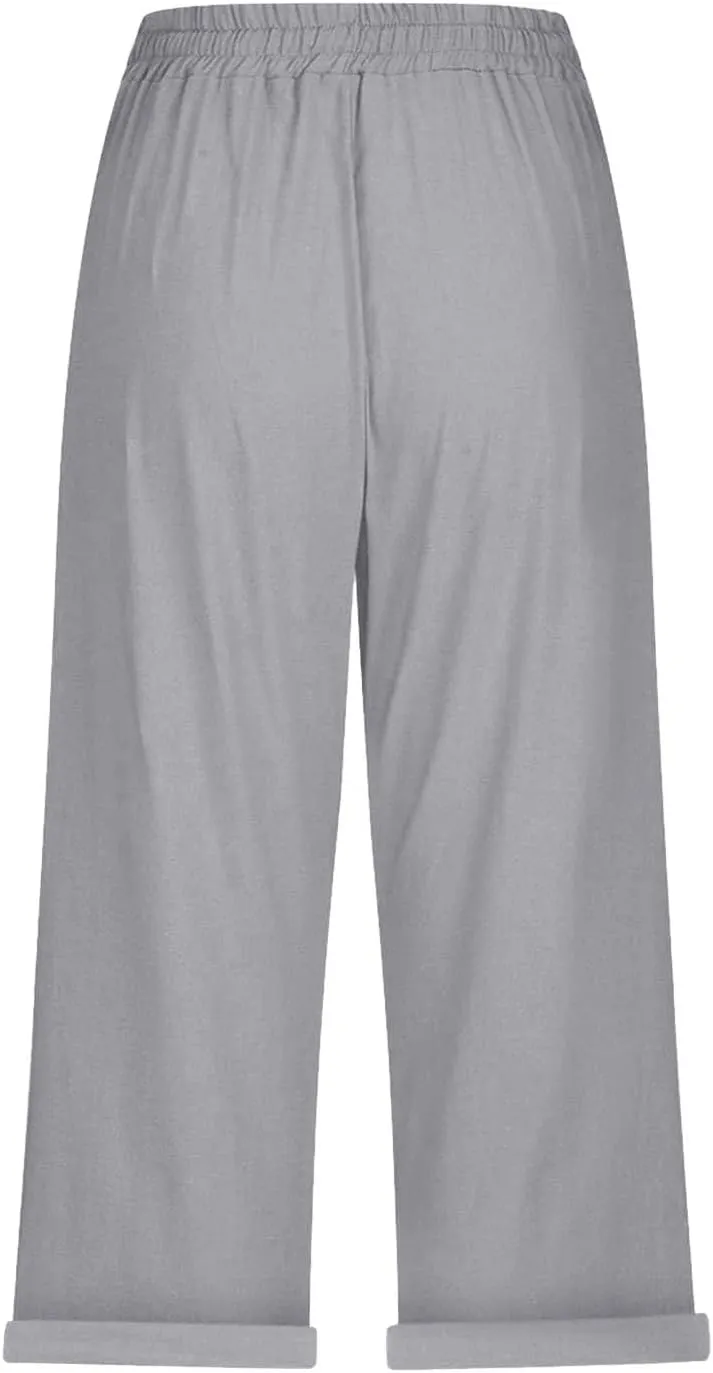 Capri Pants for Women Casual 2025 Summer Drawstring High Waist Linen Pant Baggy Wide Leg Cropped Trouser with Pockets