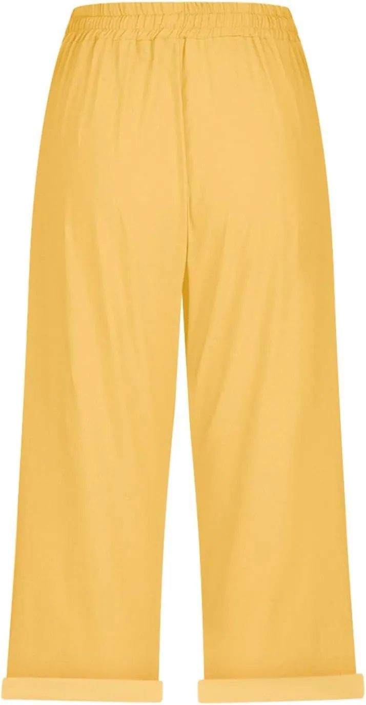 Capri Pants for Women Casual 2025 Summer Drawstring High Waist Linen Pant Baggy Wide Leg Cropped Trouser with Pockets