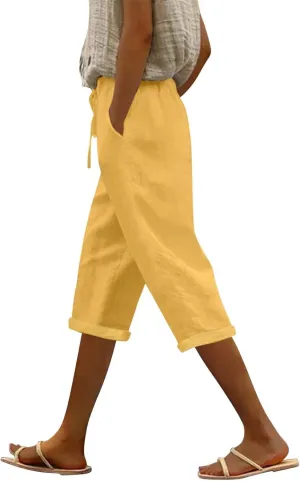 Capri Pants for Women Casual 2025 Summer Drawstring High Waist Linen Pant Baggy Wide Leg Cropped Trouser with Pockets
