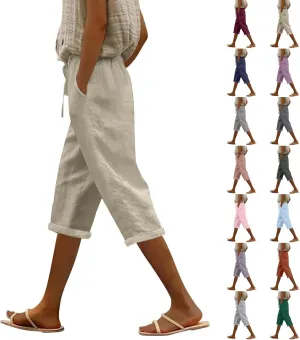 Capri Pants for Women Casual 2025 Summer Drawstring High Waist Linen Pant Baggy Wide Leg Cropped Trouser with Pockets