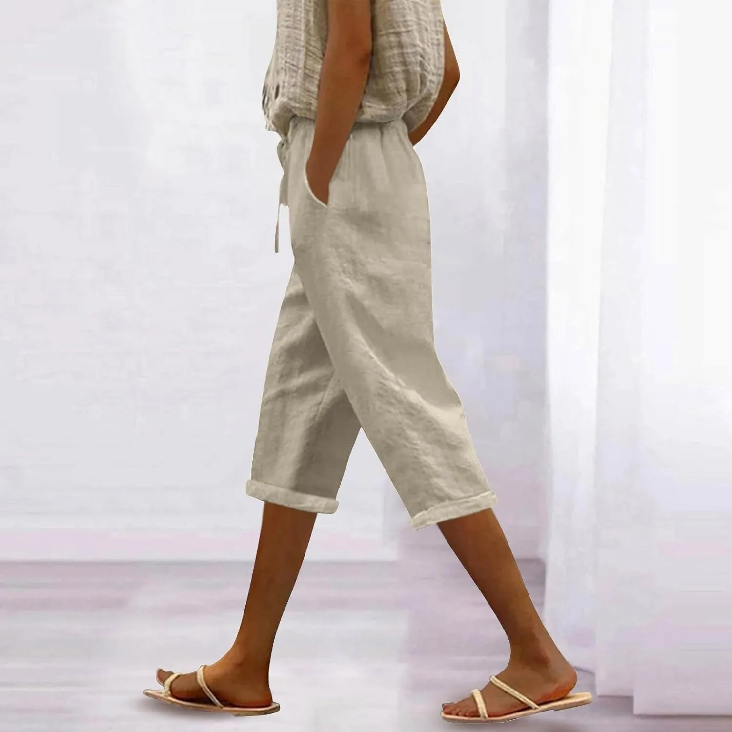 Capri Pants for Women Casual 2025 Summer Drawstring High Waist Linen Pant Baggy Wide Leg Cropped Trouser with Pockets