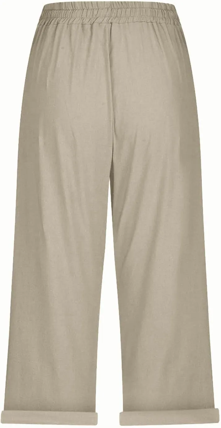 Capri Pants for Women Casual 2025 Summer Drawstring High Waist Linen Pant Baggy Wide Leg Cropped Trouser with Pockets