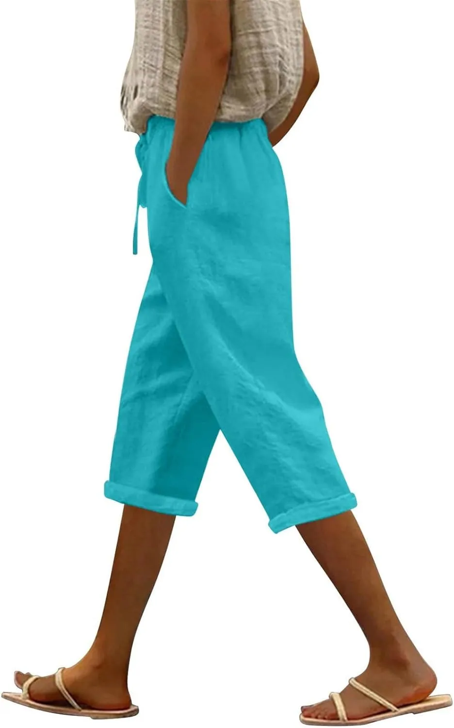 Capri Pants for Women Casual 2025 Summer Drawstring High Waist Linen Pant Baggy Wide Leg Cropped Trouser with Pockets