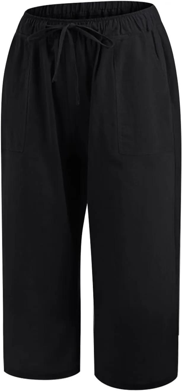 Capris Pants for Women Loose Casual High Waist Wide Leg Linen Pants Pull On Summer Vacation Beach Pant with Pockets
