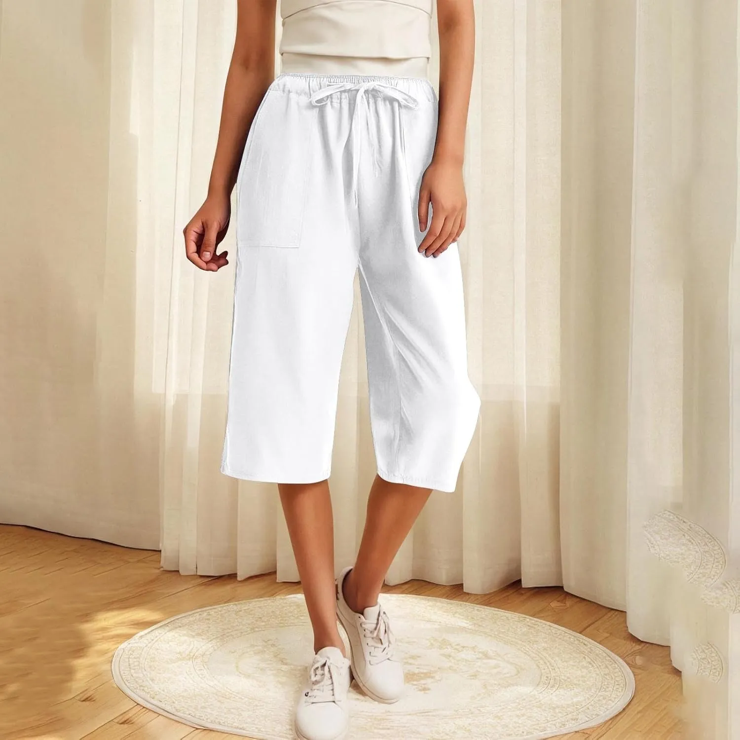 Capris Pants for Women Loose Casual High Waist Wide Leg Linen Pants Pull On Summer Vacation Beach Pant with Pockets